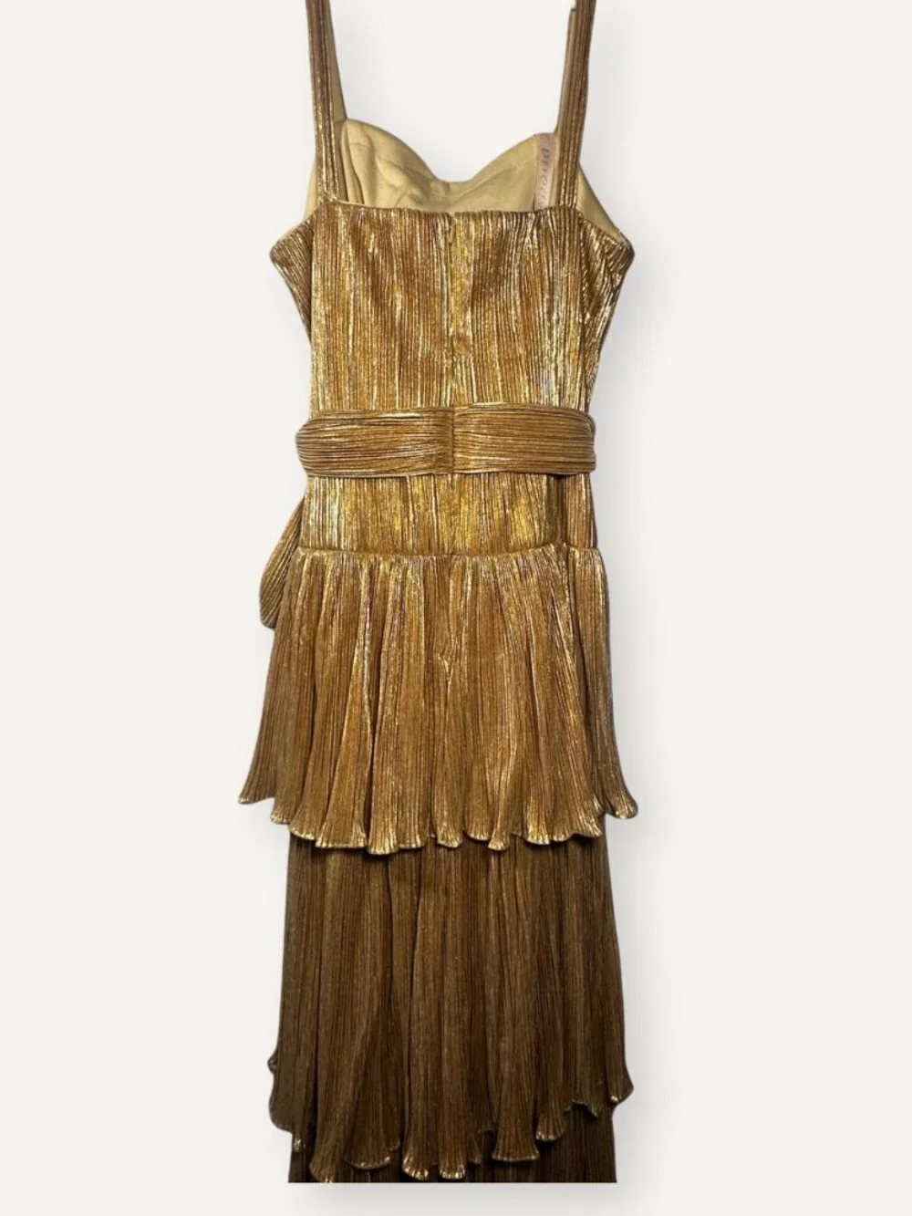 NWT Mac Duggal Antique Gold Pleated Tiered Midi Dress Size 2 - Picture 5 of 6